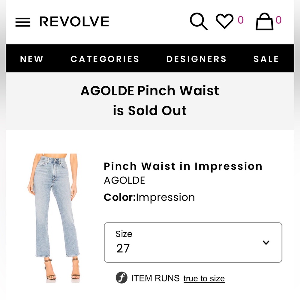 Agolde pinch waist high rise jeans in impression